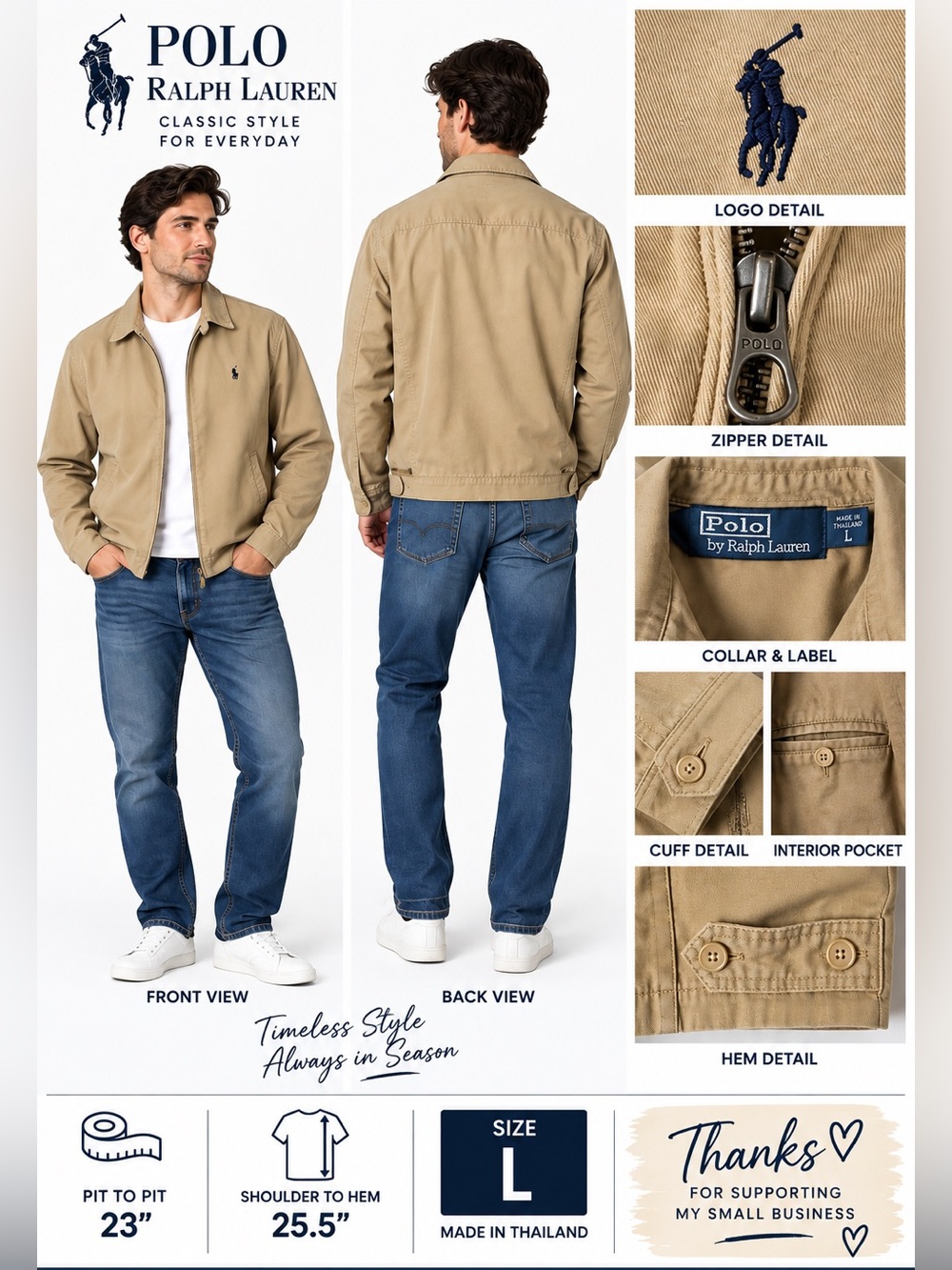 Polo Ralph Lauren Men’s Large Beige Tan Full Zip Harrington Jacket Pony Logo